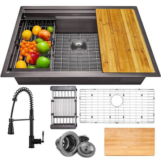 AKDY All-in-One Matte Black Finished Stainless Steel 32 in. x 18 in. Undermount Kitchen Sink with Spring Neck Faucet KS0502-KF12