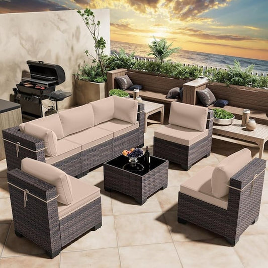Halmuz 7-Piece Wicker Outdoor Sectional Set with Cushion Sand 7PS-Sand
