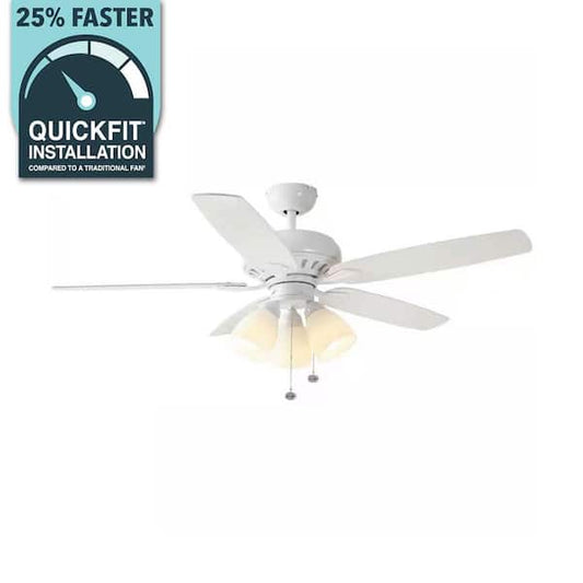 Hampton Bay Rockport 52 in. Indoor LED Matte White Ceiling Fan with Light Kit, Downrod, Reversible Blades and Reversible Motor 51752