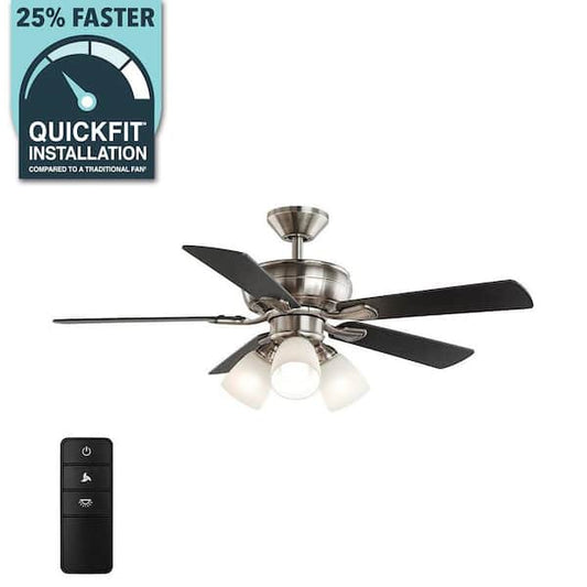 Hampton Bay Riley 44 in. Indoor LED Brushed Nickel Ceiling Fan with Light Kit, 5 QuickInstall Reversible Blades and Remote Control 52144