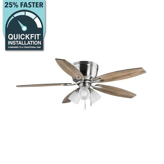 Hampton Bay Sidlow 52 in. Indoor LED Brushed Nickel Hugger Dry Rated Ceiling Fan with 5 QuickInstall Reversible Blades and Light Kit 52151