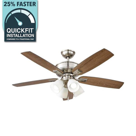 Hampton Bay Devron II 52 in. Indoor Brushed Nickel LED Ceiling Fan with Light Kit, Downrod and Reversible Blades 57333
