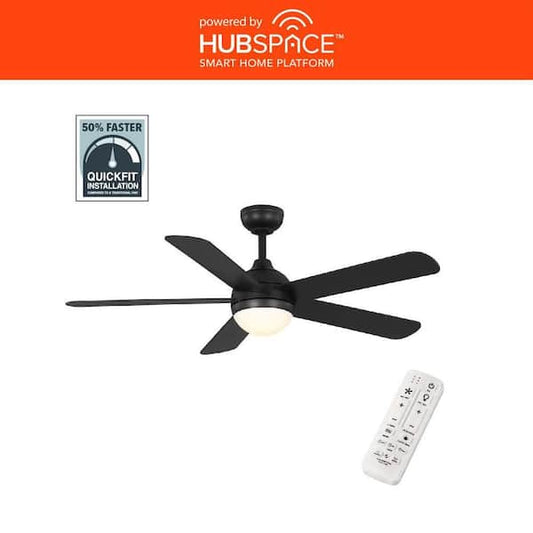 Hampton Bay Morland 52 in. Smart Indoor/Covered Outdoor Matte Black Ceiling Fan with Remote and Integrated LED Powered by Hubspace 59080