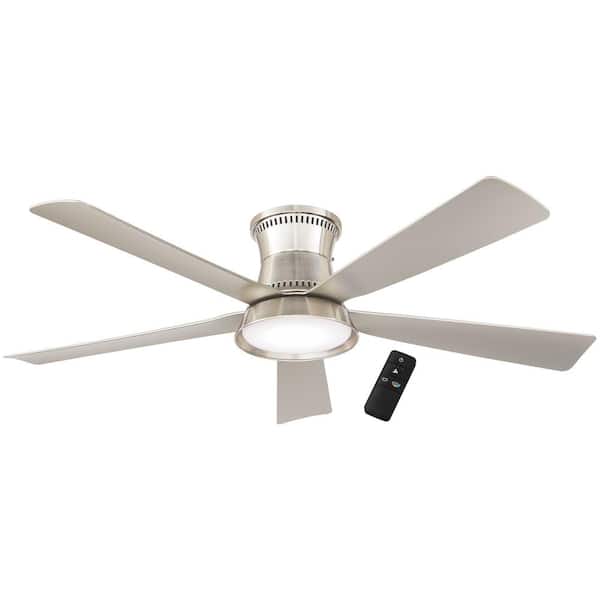 Hampton Bay Hawkspur 52 in. Indoor/Outdoor Brushed Nickel Low Profile Ceiling Fan with Adjustable White LED with Remote Included AK424-BN