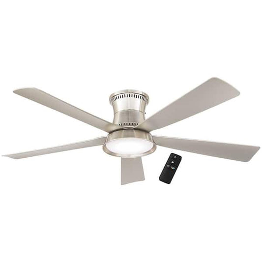Hampton Bay Hawkspur 52 in. Indoor/Outdoor Brushed Nickel Low Profile Ceiling Fan with Adjustable White LED with Remote Included AK424-BN