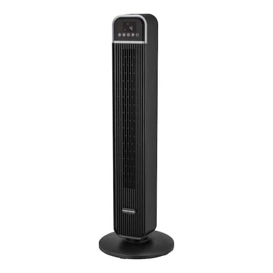 Hampton Bay 36 in. 4-Speed Oscillating Tower Fan in Black with Remote Control and Easy Carry Handle FZ1025HRHD