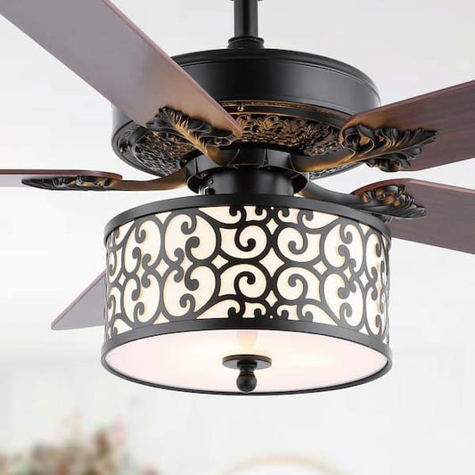JONATHAN Y Paolo 52 in. 3-Light Farmhouse Industrial Iron Scroll Drum Shade LED Ceiling Fan With Remote, Black/White JYL9612A