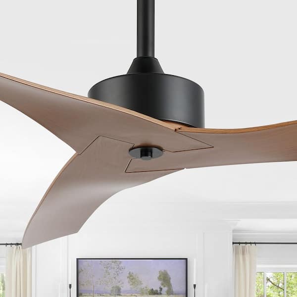 JONATHAN Y Aldrin 50 in. Minimalist Iron/Plastic App/Remote-Controlled 6-Speed Razor Ceiling Fan, Black/Light Brown Wood Finish JYL9715E