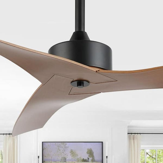 JONATHAN Y Aldrin 50 in. Minimalist Iron/Plastic App/Remote-Controlled 6-Speed Razor Ceiling Fan, Black/Light Brown Wood Finish JYL9715E