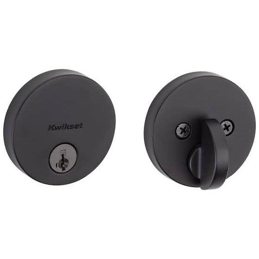 Kwikset Uptown Low Profile Iron Black Round Contemporary Single Cylinder Deadbolt featuring SmartKey Security 258RDT514SMT