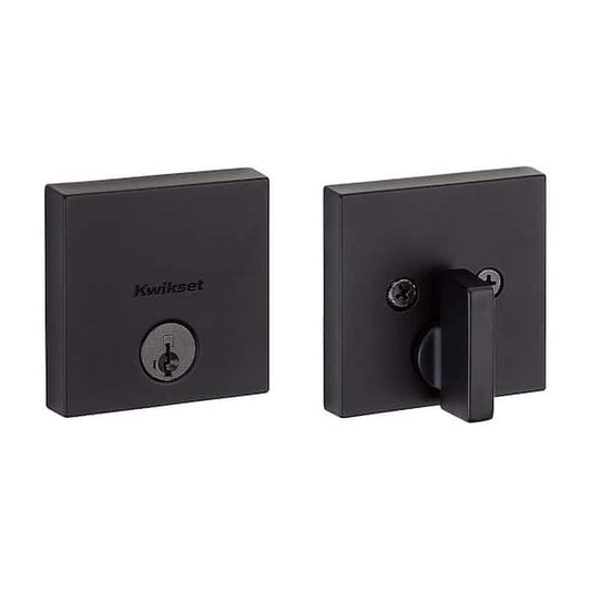 Kwikset Downtown Low Profile Iron Black Square Single Cylinder Contemporary Deadbolt featuring SmartKey Security 258SQT514SMT