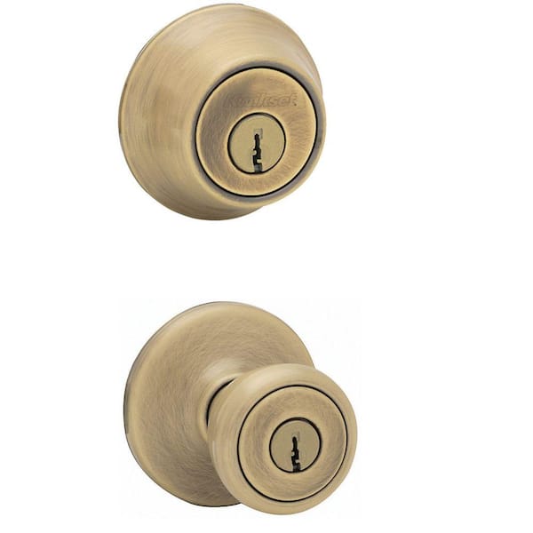 Kwikset Tylo Antique Brass Exterior Entry Door Knob and Double Cylinder Deadbolt Combo Pack 695T 5 CP