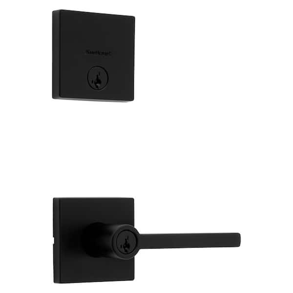 Kwikset Halifax Matte Black Entry Door Handle with Single Cylinder Deadbolt Combo Pack featuring SmartKey Security 991HFLSQT514SMT