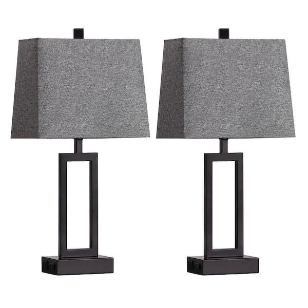 Cinkeda 23.5 in. Grey Touch Control Mental Table Lamp Set with USB Ports and AC Outlets (Set of 2) TD-159