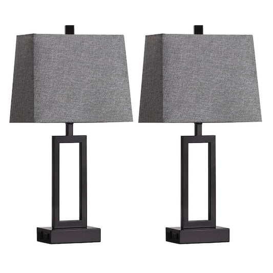 Cinkeda 23.5 in. Grey Touch Control Mental Table Lamp Set with USB Ports and AC Outlets (Set of 2) TD-159