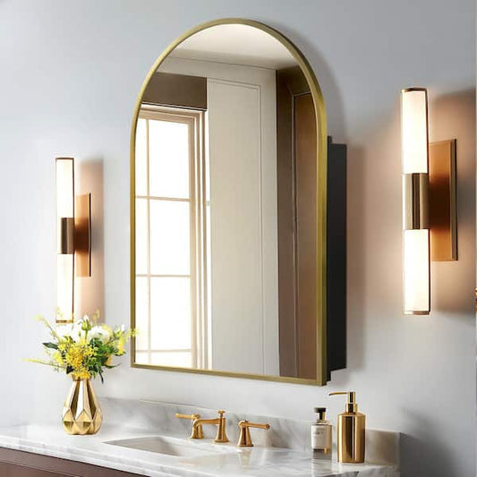 Lirago 24 in. W x 36 in. H Arched Recessed/Surface Mount Medicine Cabinet with Mirror in Gold HD-TJS55