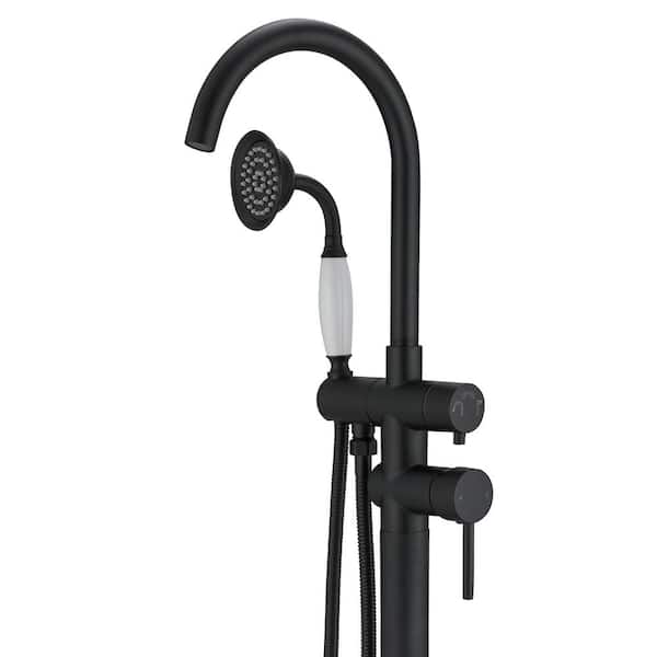 BWE 2-Handle Floor Mount Roman Tub Faucet with Hand Shower in Matte Black A-97013-B