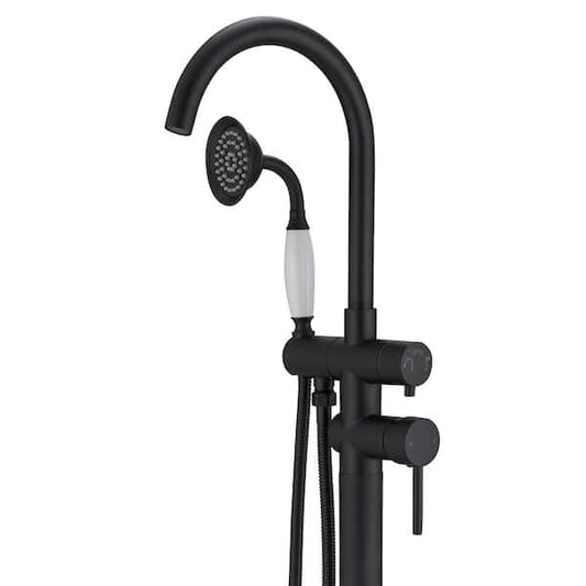 BWE 2-Handle Floor Mount Roman Tub Faucet with Hand Shower in Matte Black A-97013-B