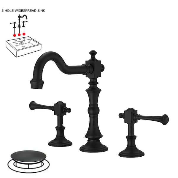 BWE 8 in. Widespread Double Handle 3 Hole Bathroom Faucet Water-Saving With Metal Drain In Matte Black A-916463-Black