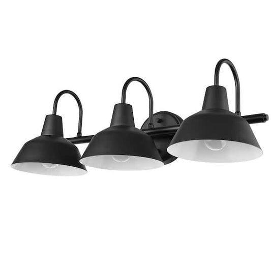 Globe Electric Barnyard 24 in. 3-Light Matte Black Vanity Light with White Interior Shades for Bathroom 65554