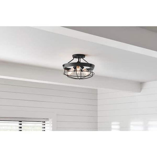 Hampton Bay Southbourne 15.5 in. 3-Light Matte Black Rustic Farmhouse Semi-Flush Mount Light DSHD19522SF