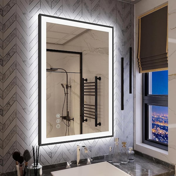 KIOTEE 24 in. W. x 36 in. H Rectangular Framed Front and Back LED Lighted Anti-Fog Wall Bathroom Vanity Mirror Tempered Glass KTL001B3624