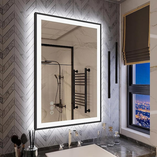 KIOTEE 24 in. W. x 36 in. H Rectangular Framed Front and Back LED Lighted Anti-Fog Wall Bathroom Vanity Mirror Tempered Glass KTL001B3624