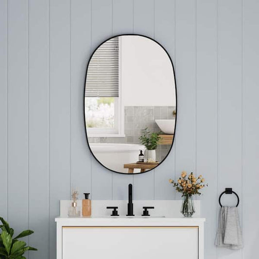 WELLFOR Bella 24 in. W x 36 in. H Oval Anodized Aluminum Framed Wall-Mounted Bathroom Vanity Mirror in Matte Black F3MR2436MB