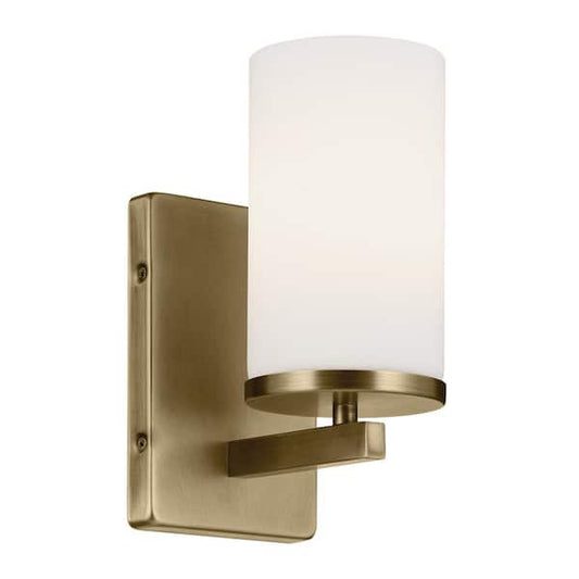 KICHLER Crosby 1-Light Natural Brass Bathroom Indoor Wall Sconce Light with Satin Etched Cased Opal Glass Shade 45495NBR