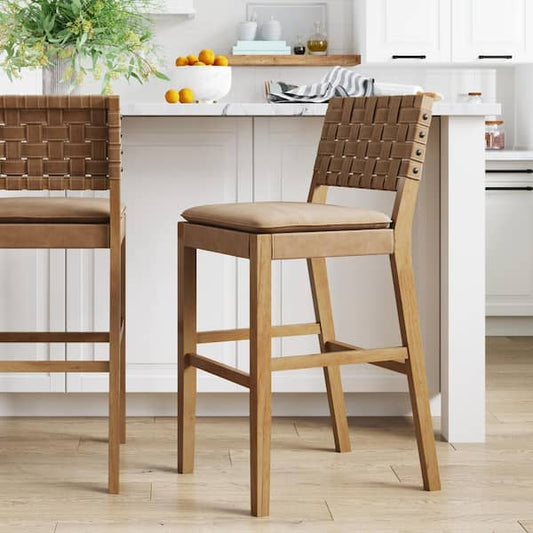 Nathan James Cohen 29 in. Natural Brown Wood Mid-Century Faux Leather Counter Height Bar Stool, with Woven Back for Kitchen 24510