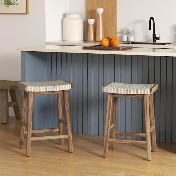 HONEY JOY 25.5 in. Wood Counter Height Bar Stools with Seagrass Woven Seat and Comfortable Footrests in Natural (Set of 2) TOPB008342