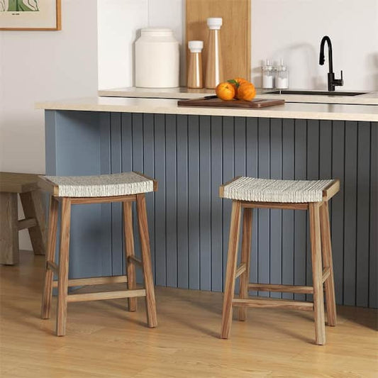 HONEY JOY 25.5 in. Wood Counter Height Bar Stools with Seagrass Woven Seat and Comfortable Footrests in Natural (Set of 2) TOPB008342