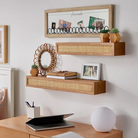StyleWell Natural Wood Floating Wall Shelves with Rattan Caning Detail (Set of 2) 20MJE2133