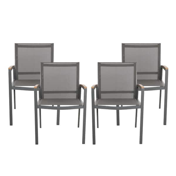 Noble House Moralis Gray Aluminum and Gray Mesh Outdoor Dining Chairs (4-Pack) 110841