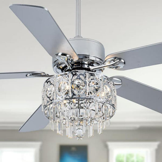 Oaks Aura Burlie 52 in. Indoor Chrome Classic Glam Crystal Ceiling Fan with Lights, Six Speed Reverisible Ceiling Fan with Remote BD2064