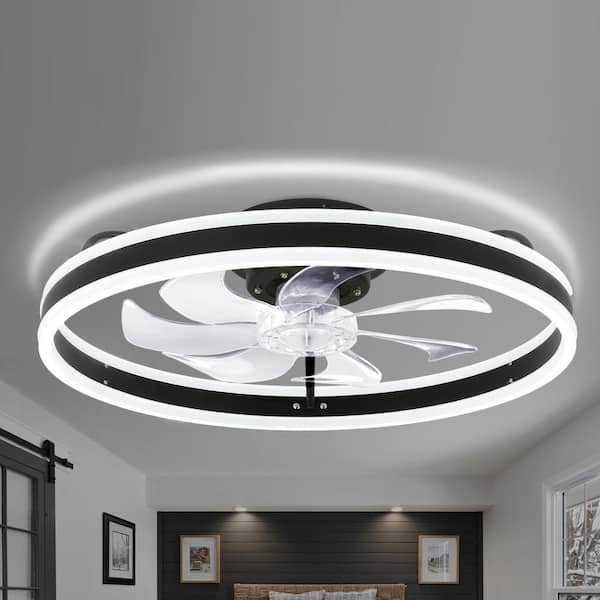 Oaks Aura 20in. LED Indoor Black Bladeless Low Profile Ceiling Fan Flush Mount Smart App Remote Control Dimmable Lighting DC2002