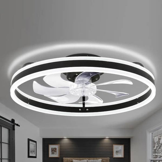 Oaks Aura 20in. LED Indoor Black Bladeless Low Profile Ceiling Fan Flush Mount Smart App Remote Control Dimmable Lighting DC2002