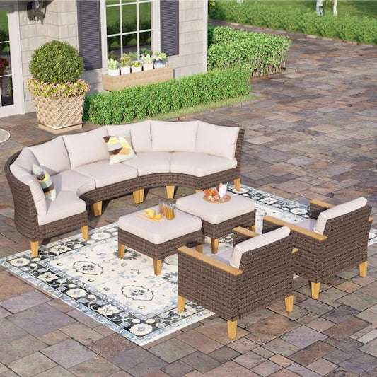 PHI VILLA Brown Rattan Wicker 9 Seat 9-Piece Steel Patio Outdoor Sectional Set with Beige Cushions DS9PV105040601