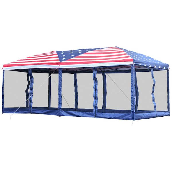 Outsunny 10 ft. x 20 ft. American Flag Print Pop Up Party Tent Gazebo Wedding Canopy with Removable Mesh Sidewalls 840-012V01
