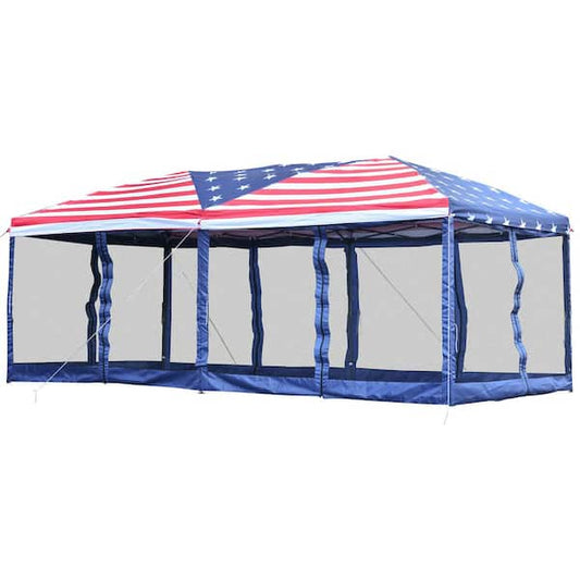 Outsunny 10 ft. x 20 ft. American Flag Print Pop Up Party Tent Gazebo Wedding Canopy with Removable Mesh Sidewalls 840-012V01