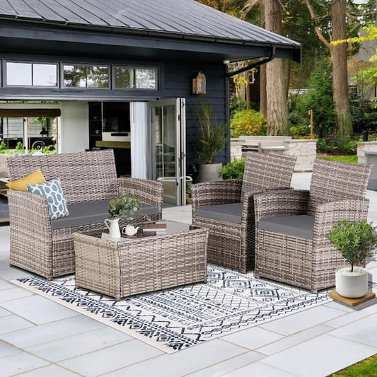 JUSKYS Gray 4-Piece Wicker Outdoor Patio Conversation Furniture Sofa set with Gray Cushions and Coffee Table, Apt, Porch, Yard ZGZJ-4003GRY