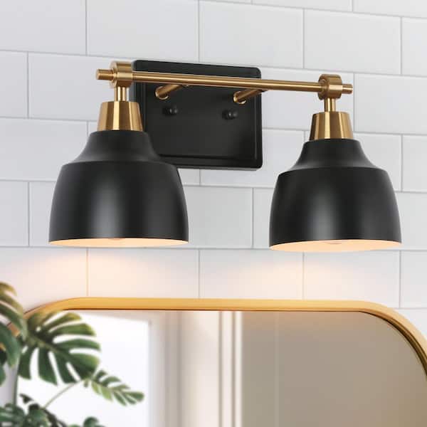 LNC Modern 2-Light Black Vanity Light with Brass Plated Metal Arm White Inner Bell Shades for Bathroom Round/Arched Mirror IE7V7RHD160W2W8