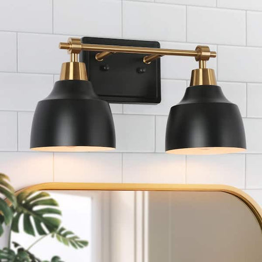 LNC Modern 2-Light Black Vanity Light with Brass Plated Metal Arm White Inner Bell Shades for Bathroom Round/Arched Mirror IE7V7RHD160W2W8
