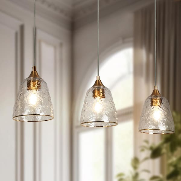 LNC Modern Transitional Plating Brass Kitchen Island Chandelier with Clear Ripple Glass Shades 3-Light Glam Pendant Lighting LEYJZEI250239C