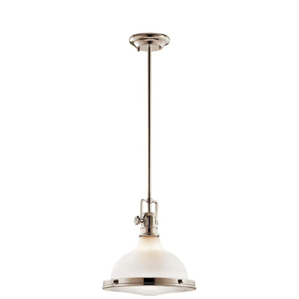 KICHLER Hatteras Bay 11 in. 1-Light Polished Nickel Vintage Industrial Shaded Kitchen Pendant Hanging Light with Etched Glass 43765PN