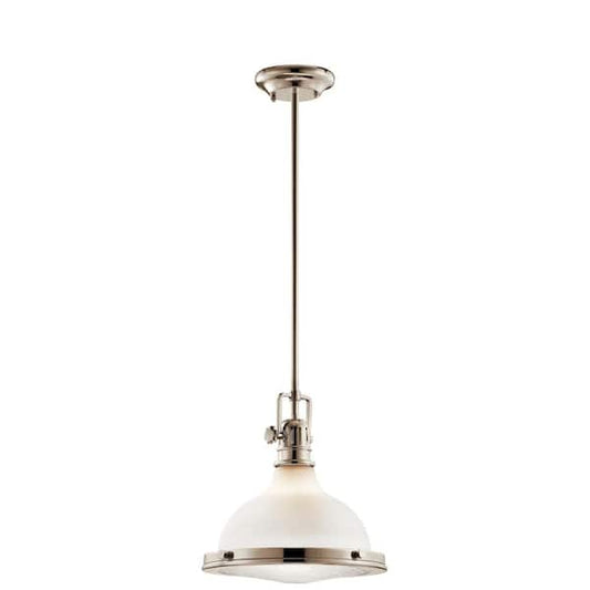 KICHLER Hatteras Bay 11 in. 1-Light Polished Nickel Vintage Industrial Shaded Kitchen Pendant Hanging Light with Etched Glass 43765PN
