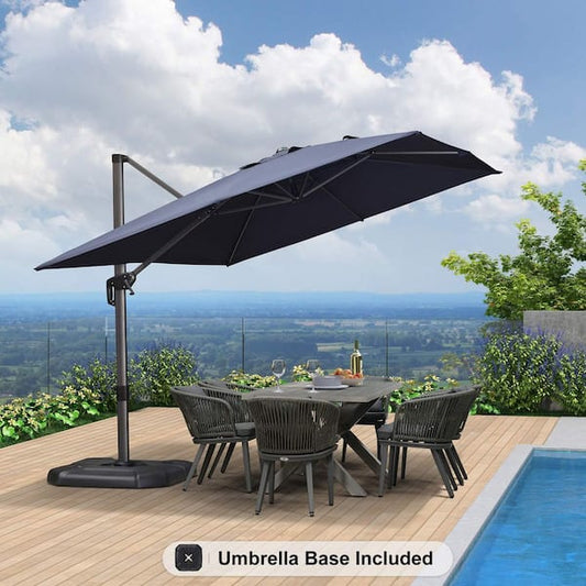 PURPLE LEAF 9 ft. x 11.5 ft. Aluminum Outdoor Patio Cantilever Umbrella Offset 360° Rotation Umbrella with Base, Navy Blue ZPXHRC0911NBWB