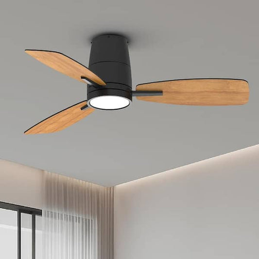 QRMOK 42 in. LED Indoor Black Flush Mount Ceiling fan with Light and Remote Reversible DC Motor and Blades for Home TLY42-BK-3X-S3