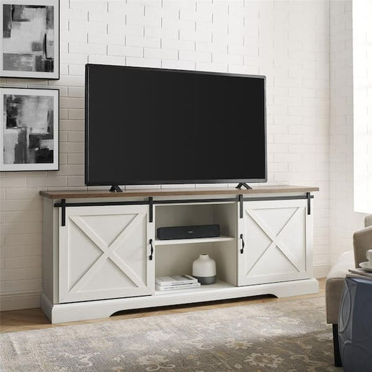 Walker Edison Furniture Company 70 in. Farmhouse Rustic Oak and Brushed White Wood and Metal TV Stand with Sliding X Barn Doors (Max TV Size 80 in.) HD8723