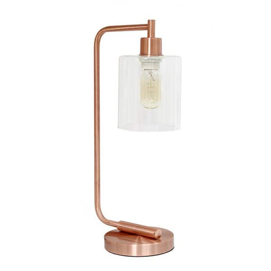 Simple Designs 19 in. Bronson Antique Style Rose Gold Industrial Iron Lantern Desk Lamp with Glass Shade LD1036-RGD